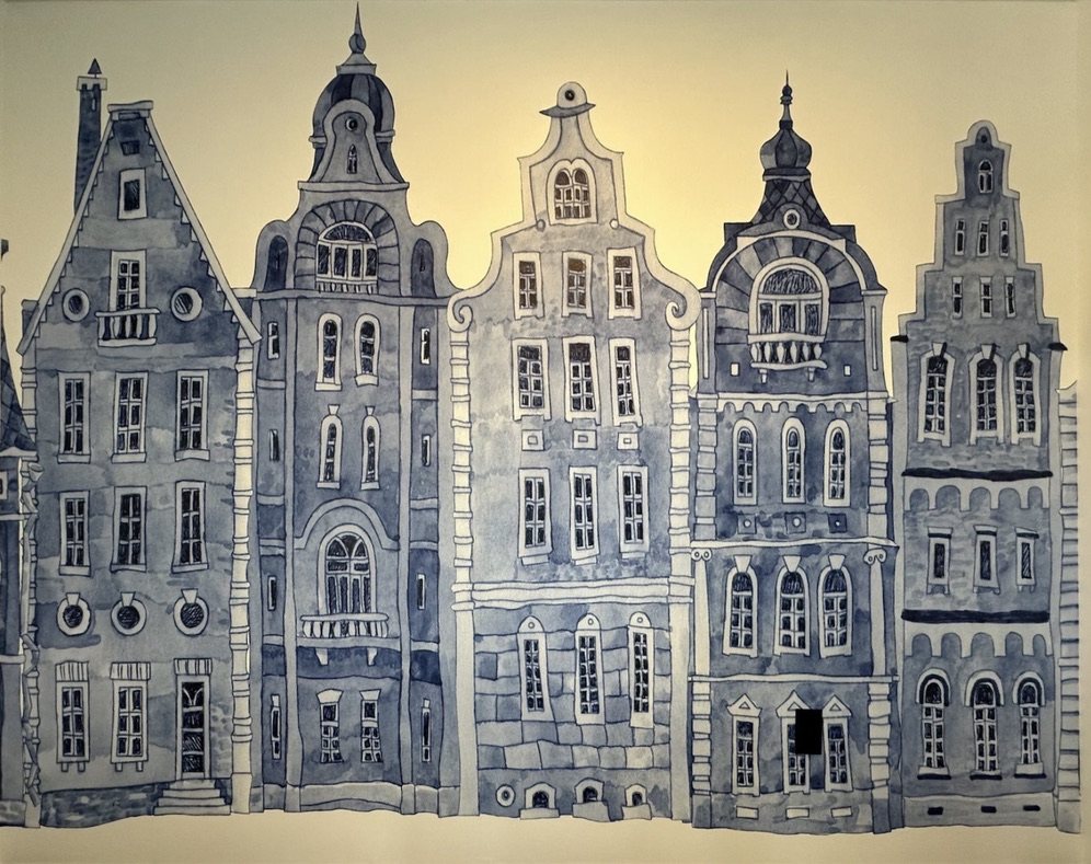 Watercolor painting of blue canal houses